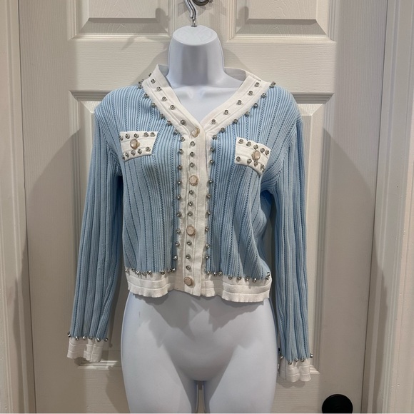 Sweaters - Baby Blue and White Knitted Cardigan With White Trim and Jewels
